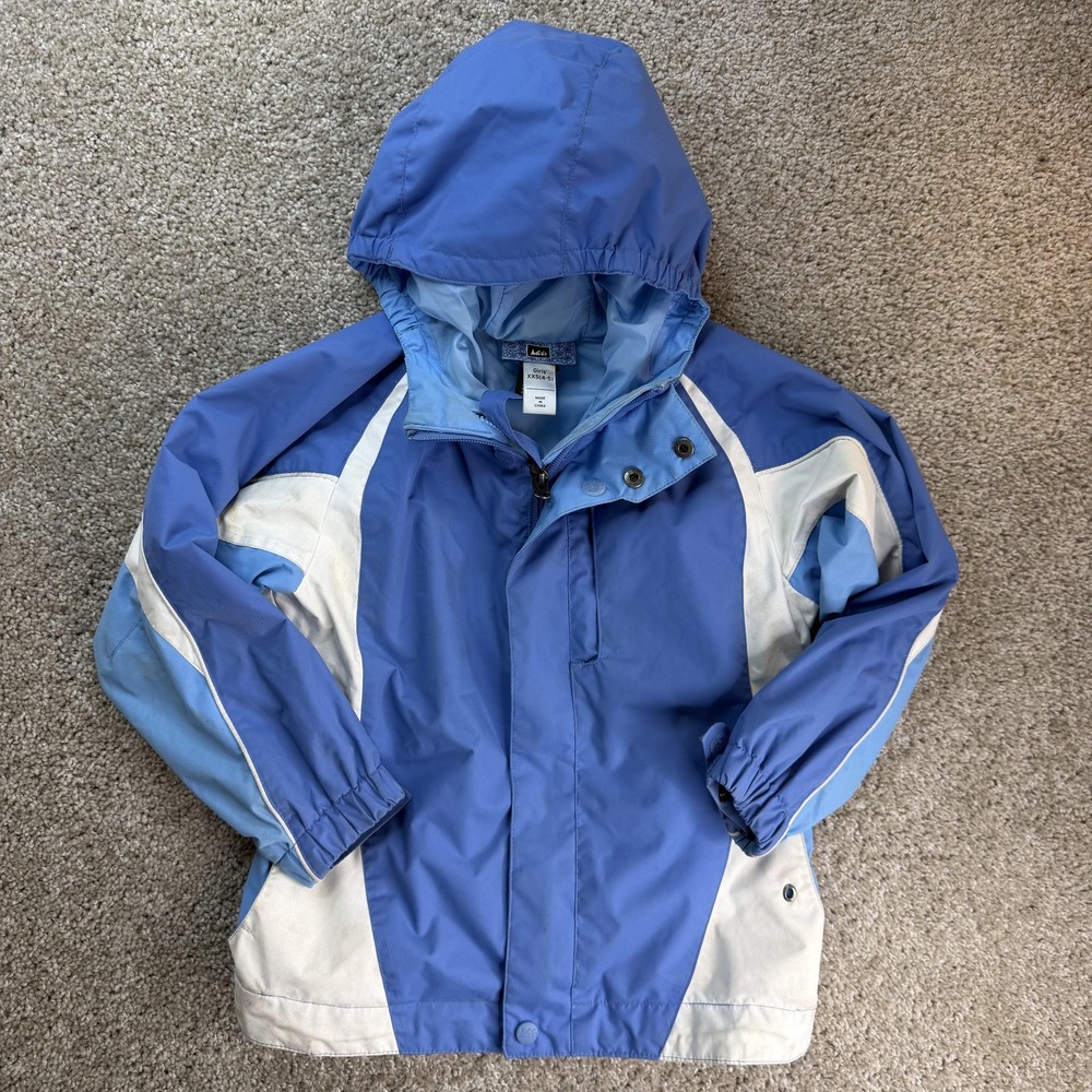 REI Jacket Girls XXS 4/5 Blue Hooded Colorblock Nylon Rain Coat Outdoor
